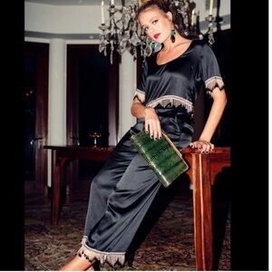 Show me your mumu black Parisa goddess fringe beaded wide leg pants, XS size